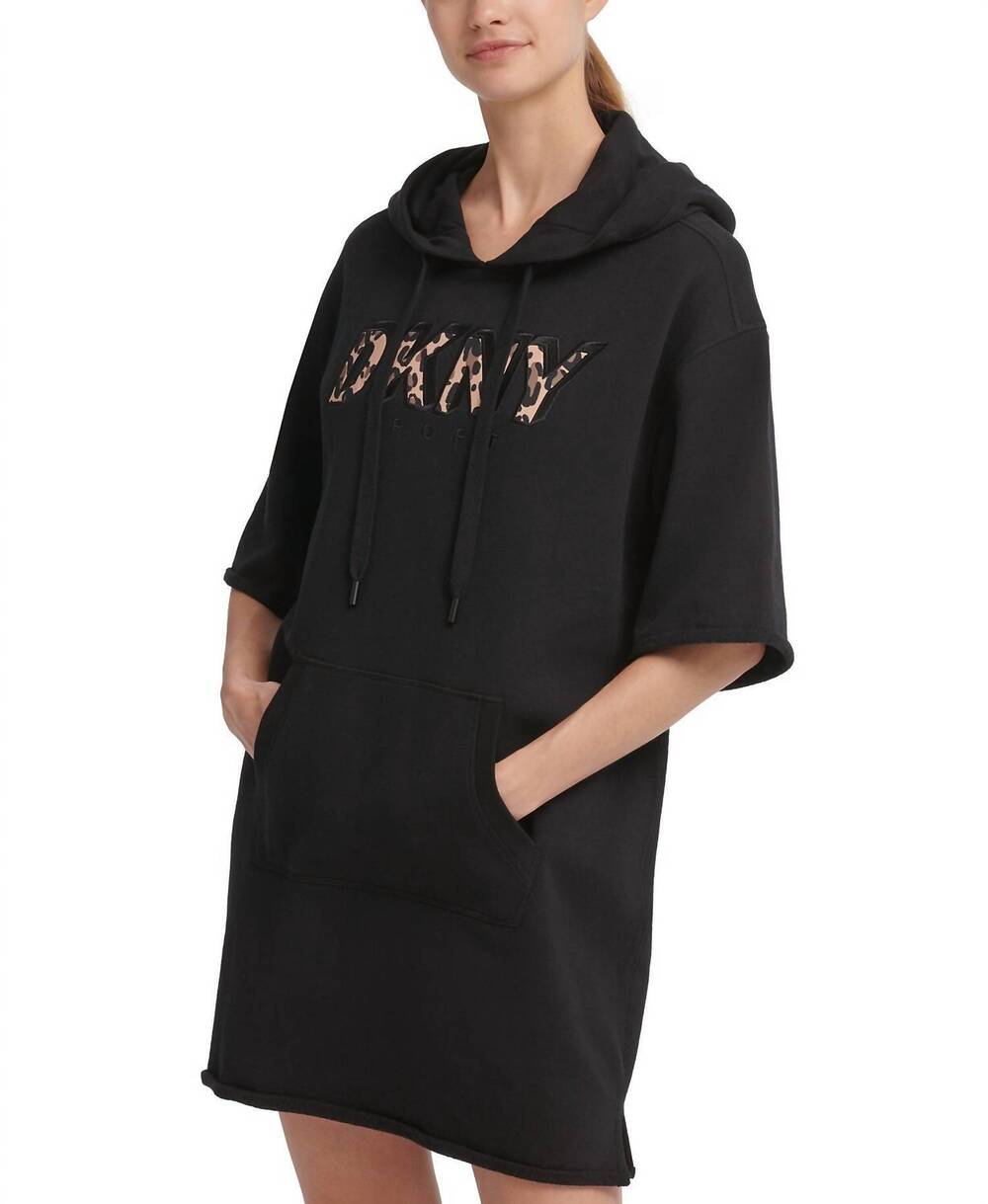 NEW DKNY activewear sport printed logo hoodie dress in black